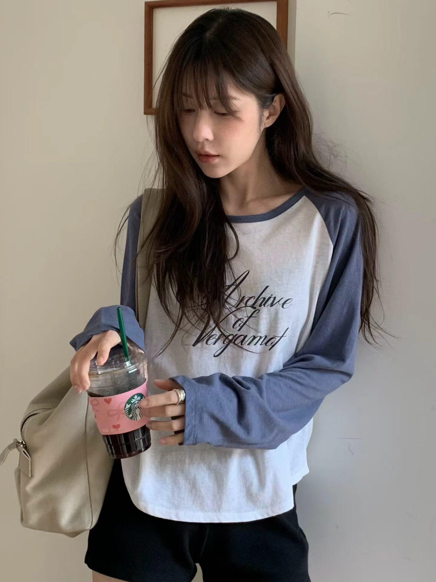韩国东大门正品女装百搭圆领拼色插肩长袖T恤宽松显瘦休闲上衣薄