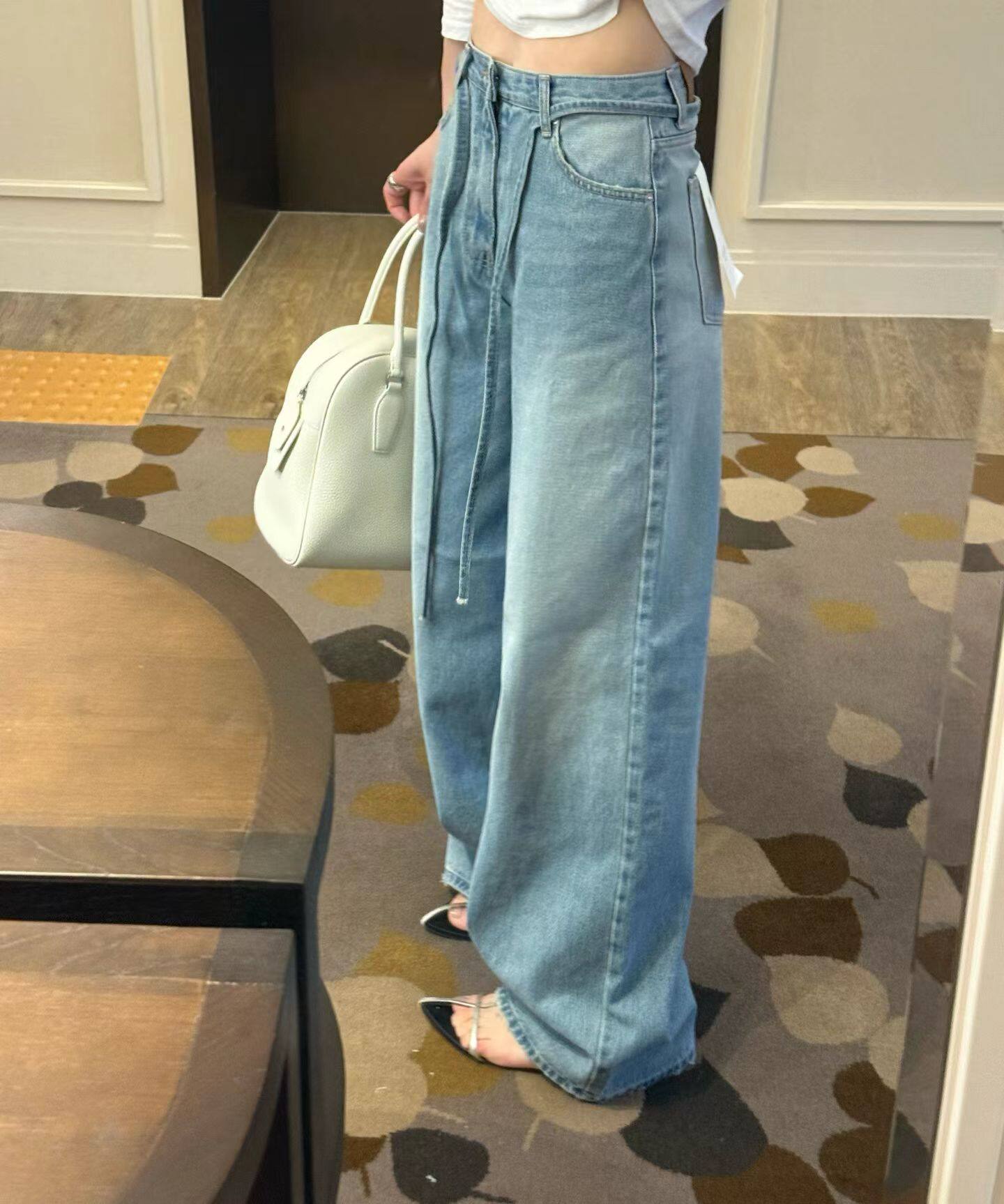 韩国东大门女装2026春夏高品质高腰系带显瘦直筒牛仔宽松百搭长裤