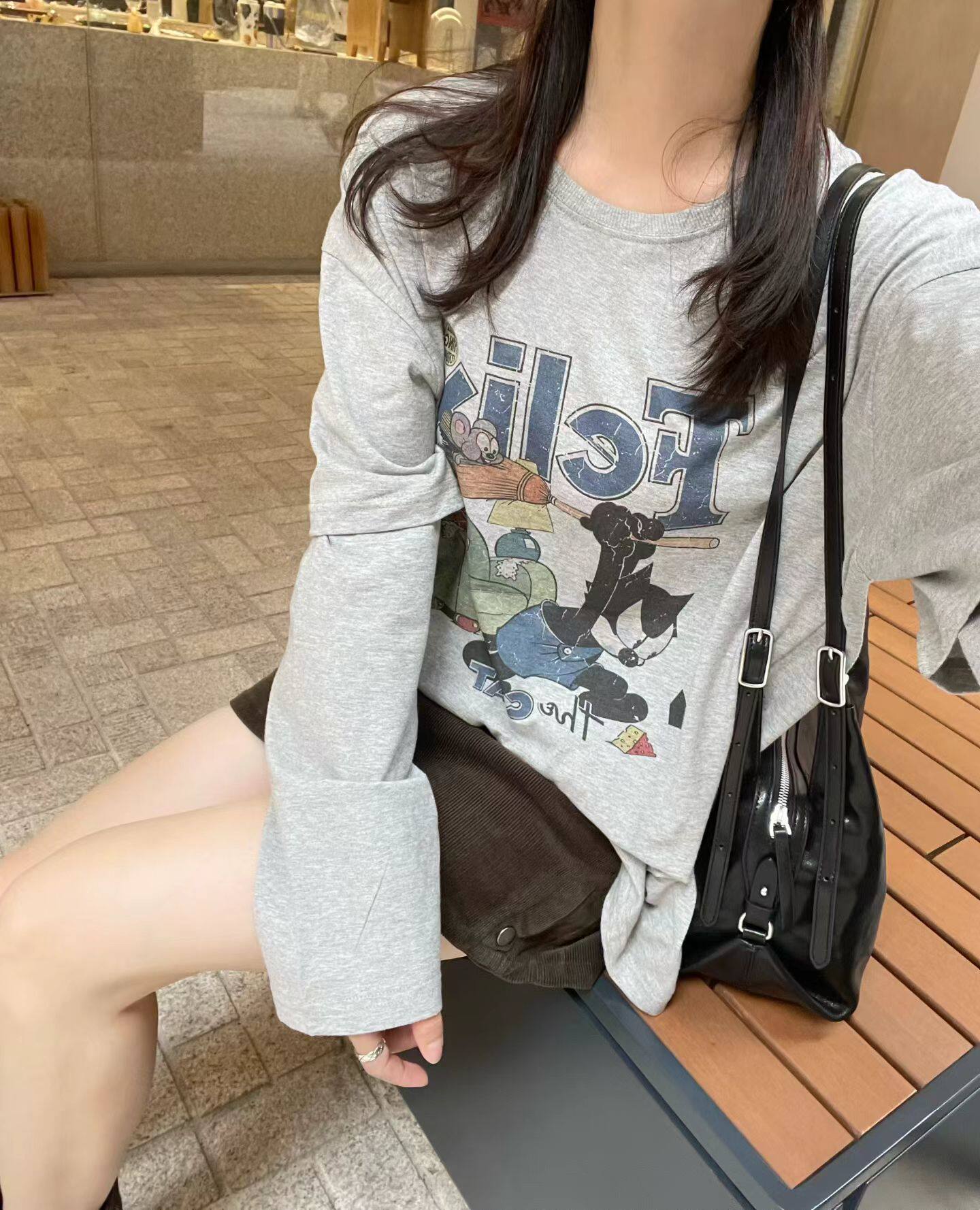 韩国东大门正品女装新款百搭显瘦圆领卡通印花拼接假两件长袖T恤