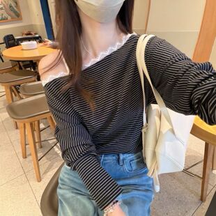 T恤修身 2026春夏高品蕾丝一字肩条纹长袖 显瘦 女装 韩国东大门正品
