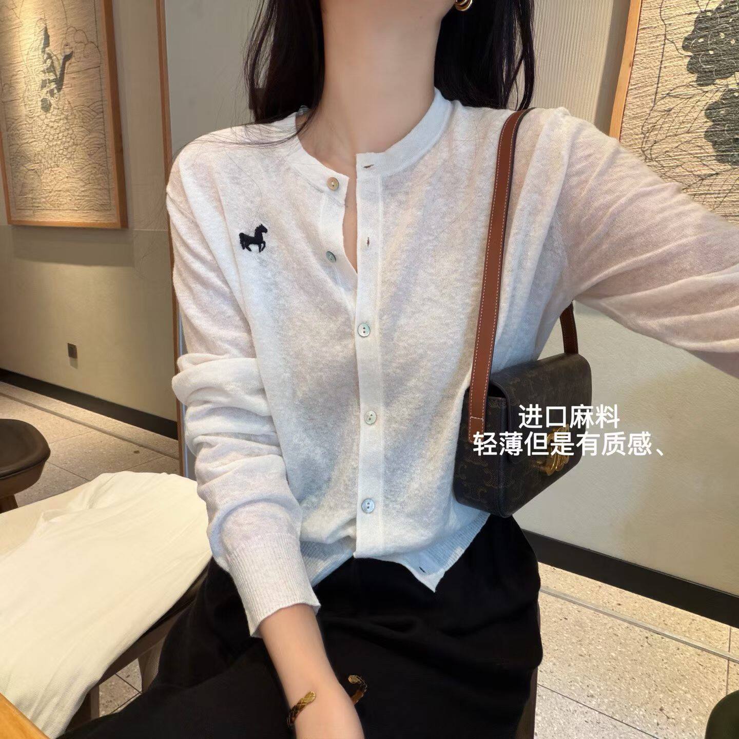 韩国东大门正品女圆领长袖小马刺绣针织开衫宽松显瘦百搭休闲外套