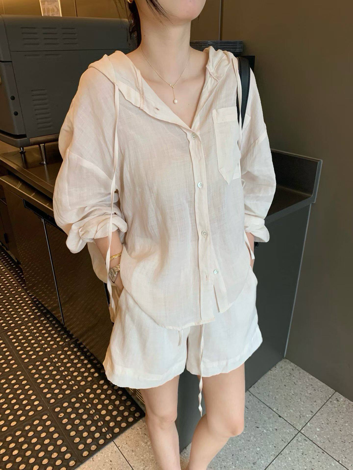 韩国东大门正品女装时尚百搭连帽抽绳防晒衣宽松显瘦长袖套装ins