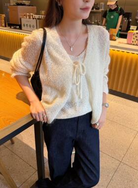 韩国东大门女装2026秋季新款百搭显瘦系带长袖两件套针织开衫
