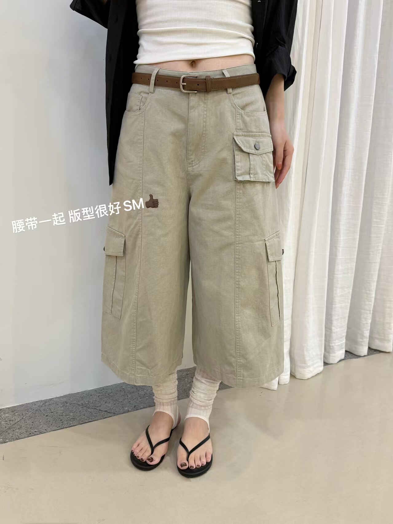 韩国东大门正品女装百搭高腰显瘦工装裤宽松休闲阔腿裤五分中ins