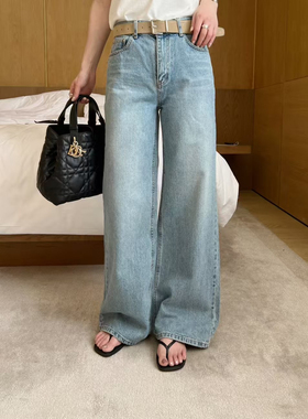 remaking家！韩国东大门正品女装方口袋浅蓝色直筒宽松阔腿裤牛仔
