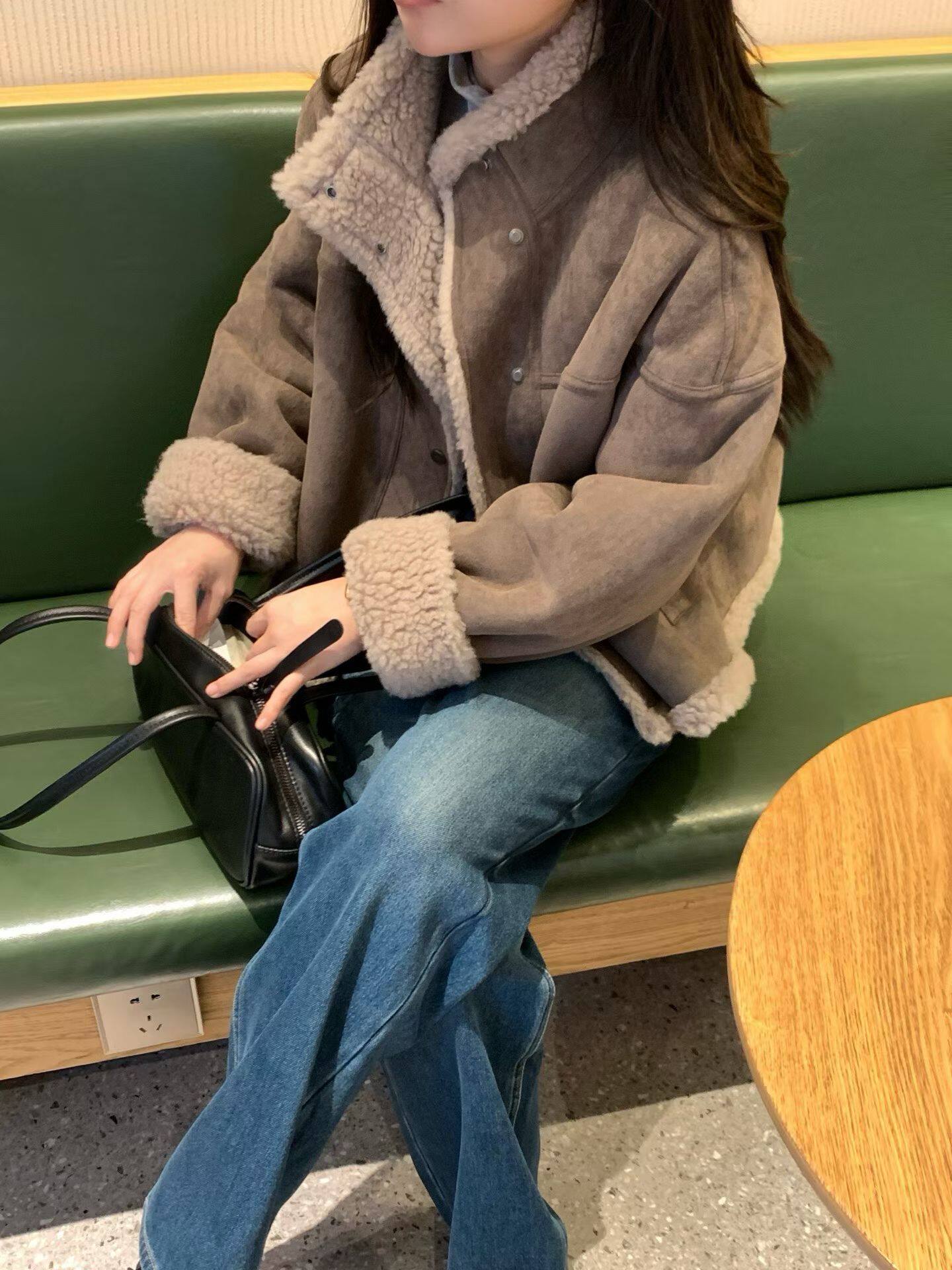 韩国东大门正品2025百搭立领宽松皮毛一体外套女上衣保暖轻薄chic