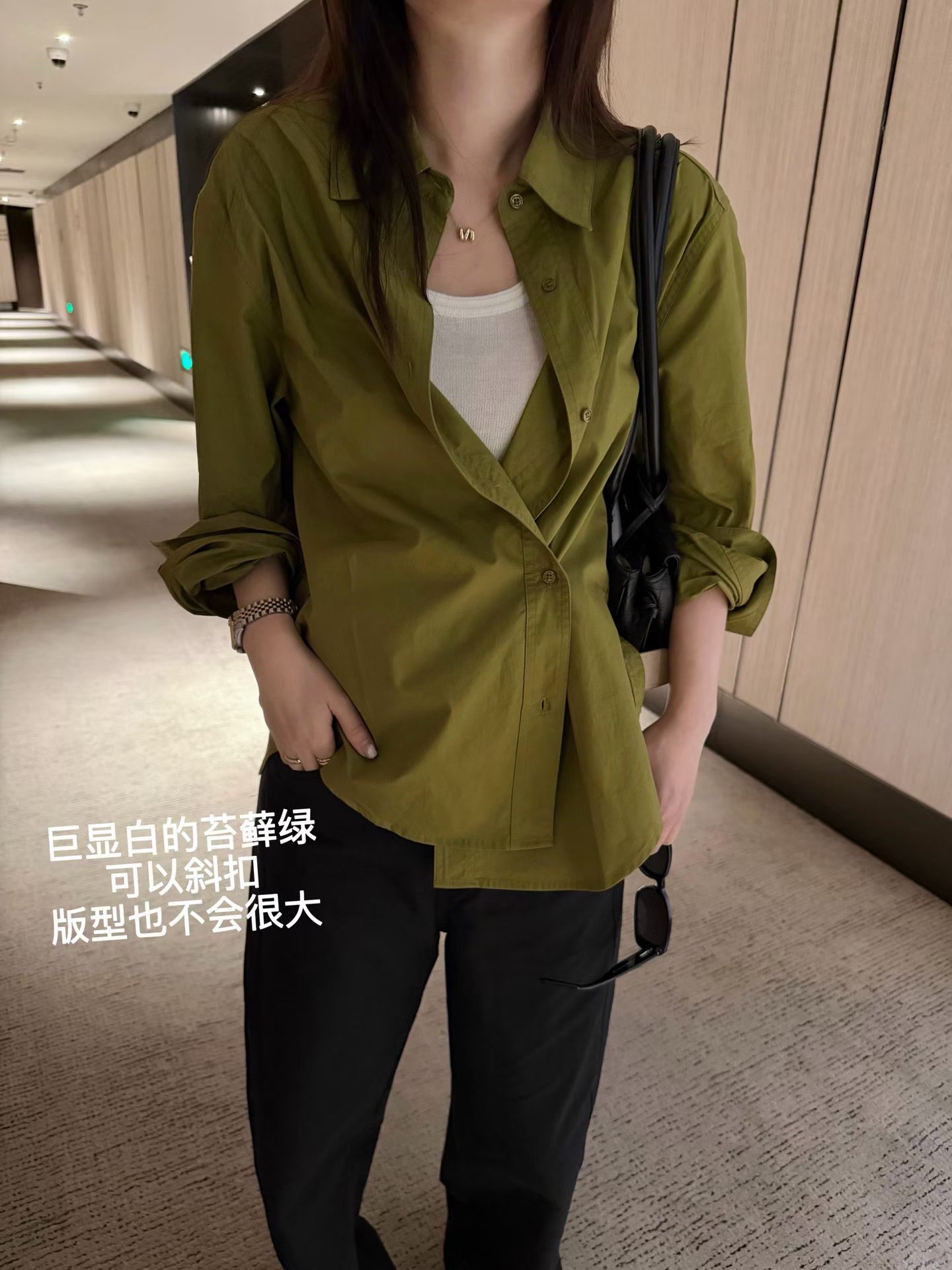 韩国东大门正品女装2026秋季新款苔藓绿斜扣可以两穿休闲衬衫chic