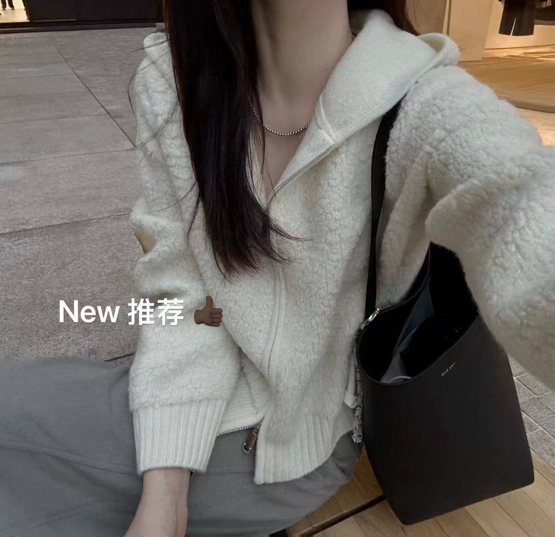韩国东大门正品女装百搭显瘦圆领颗粒羊毛针织衫毛衣拉链连帽外套