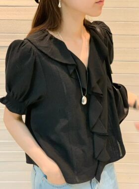 ounce韩国东大门正品女装夏季新款翻领荷叶边短袖衬衫时尚百搭ins