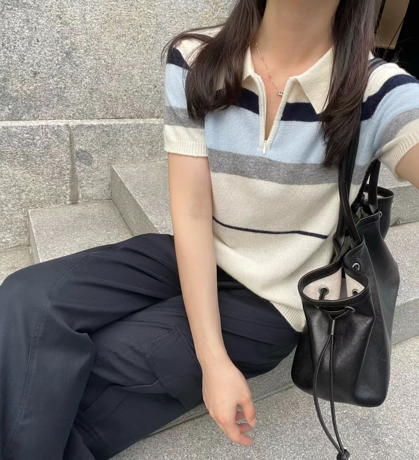 韩国东大门正品女装2026秋季新款百搭显瘦条纹短袖针织衫毛衣上衣