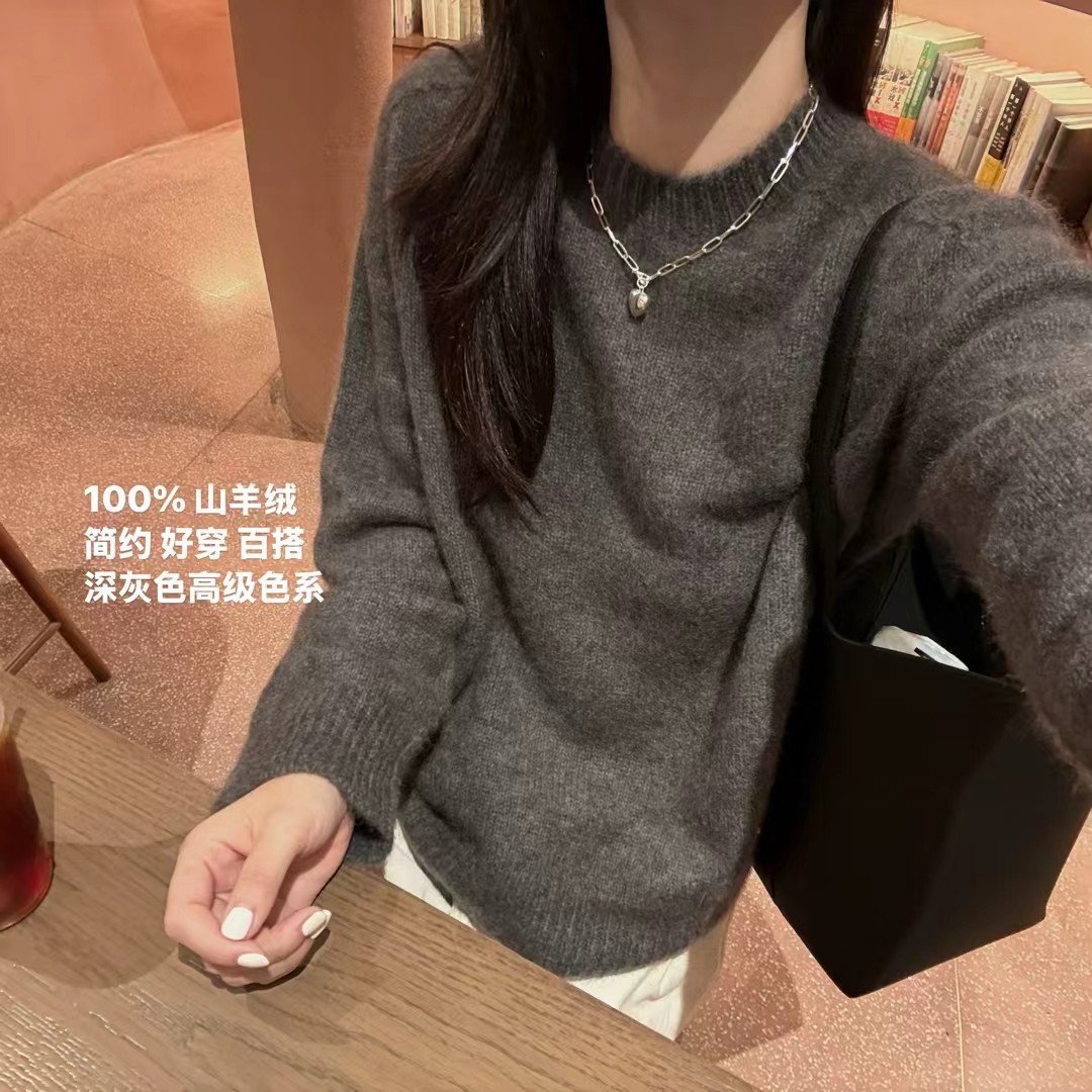 韩国东大门正品装2025百搭圆领长袖纯色山羊绒针织衫上衣舒适亲肤