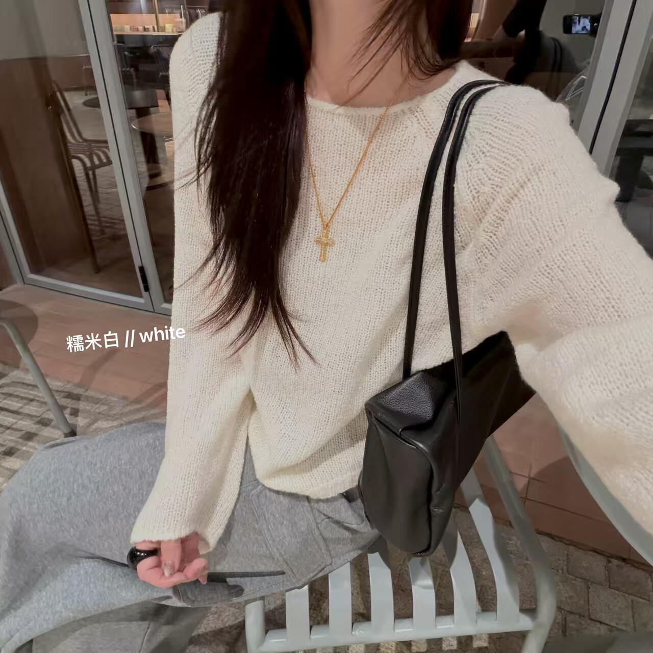 韩国东大门正品女装2026秋季新款细软亲肤圆领插肩长袖镂空针织衫