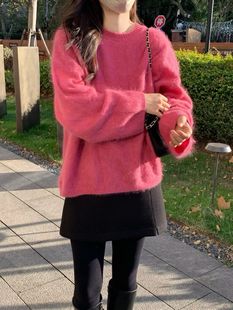 韩国东大门正品百搭圆领宽松纯色高品质氛围感拉毛针织衫毛衣粉色