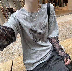 卡通印花T恤 2026春夏高品圆领假两件拼接长袖 韩国东大门正品 女装