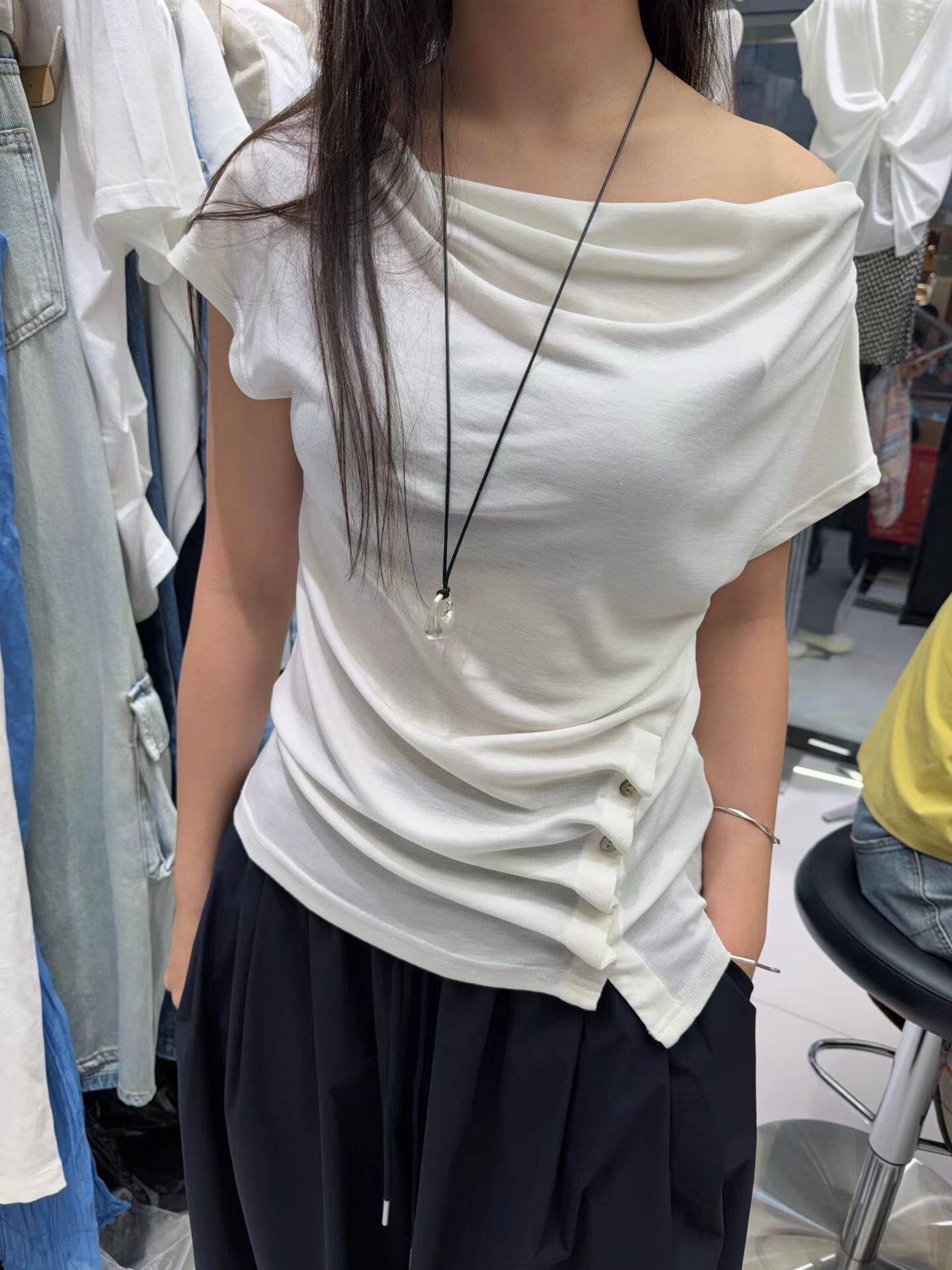 韩国东大门正品女装百搭一字肩短袖下摆褶皱T恤宽松显瘦休闲上衣