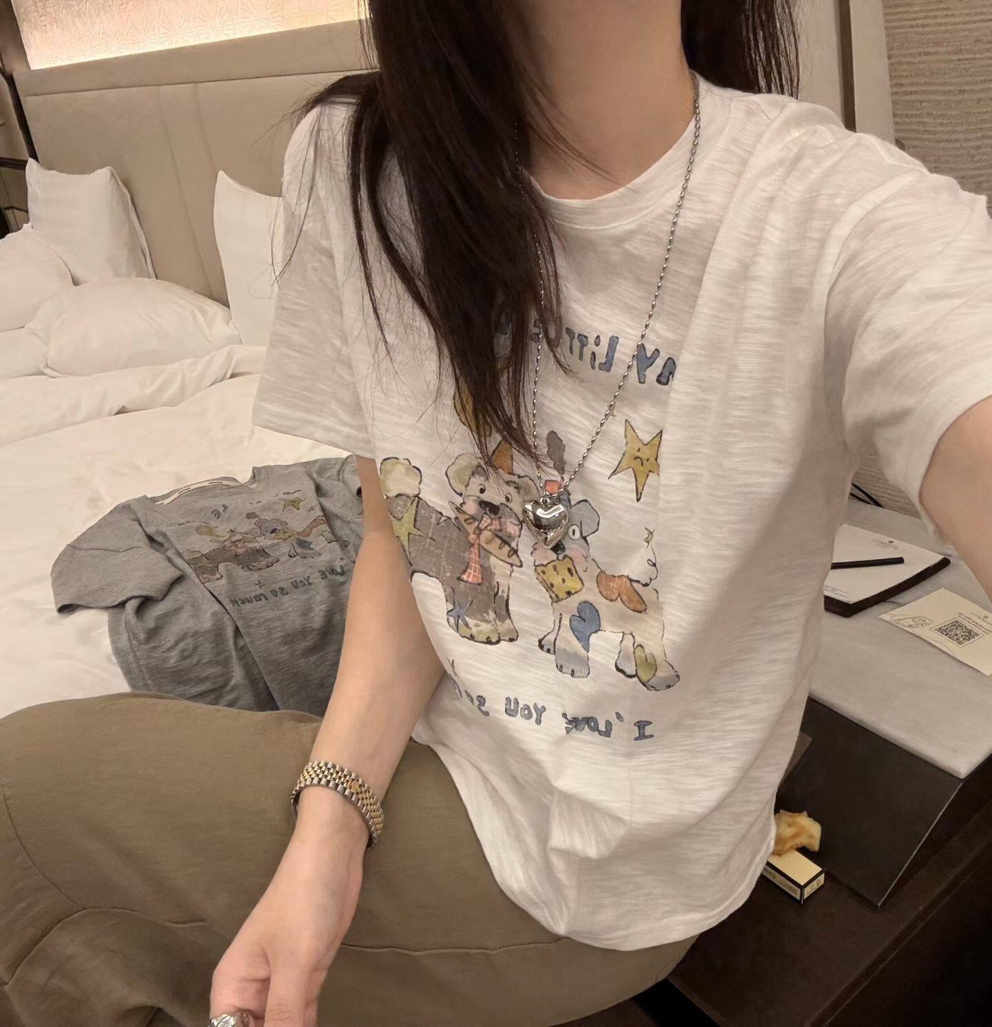 韩国东大门正品女装夏季新圆领卡通小狗图案短袖T恤百搭显瘦上衣