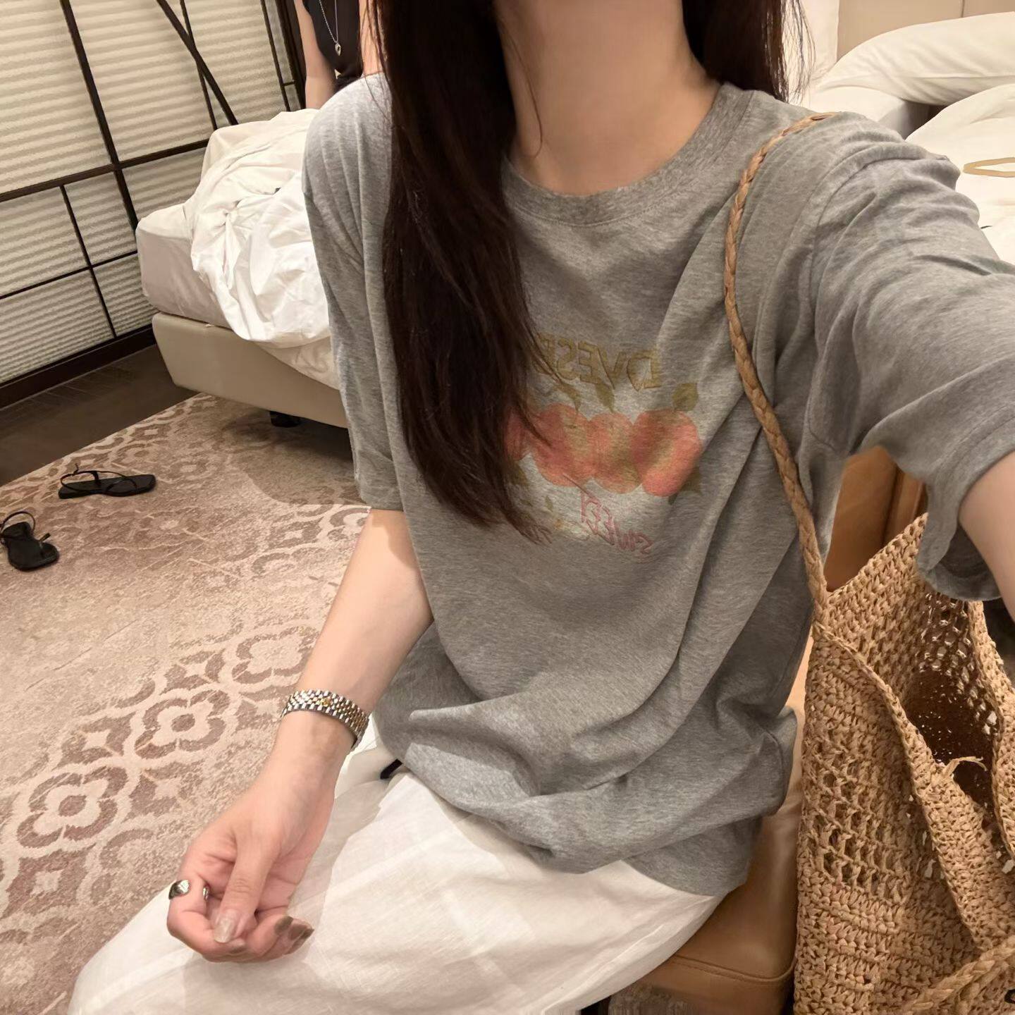 韩国东大门正品女装夏季新款圆领字母苹果宽松大版型T恤百搭显瘦