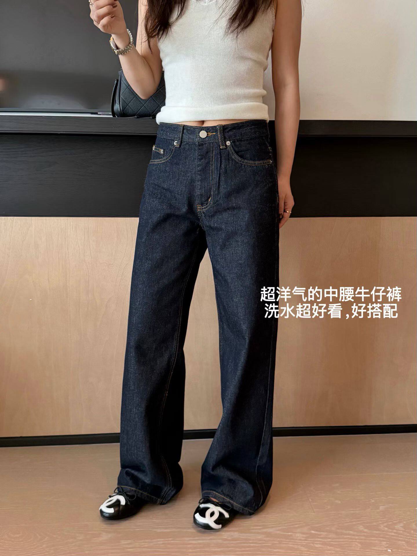 韩国东大门正品女装2026秋季新款深蓝色丹宁色直筒设计显瘦牛仔裤