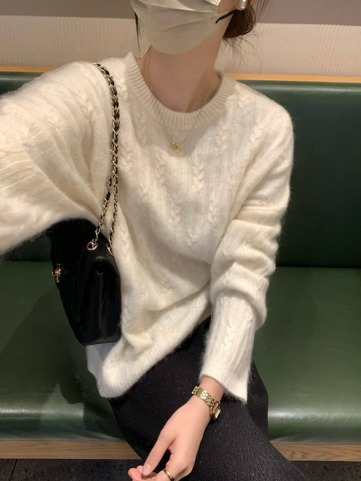 韩国东大门正品圆领宽松纯色高品质麻花编织羊毛针织衫毛衣chic