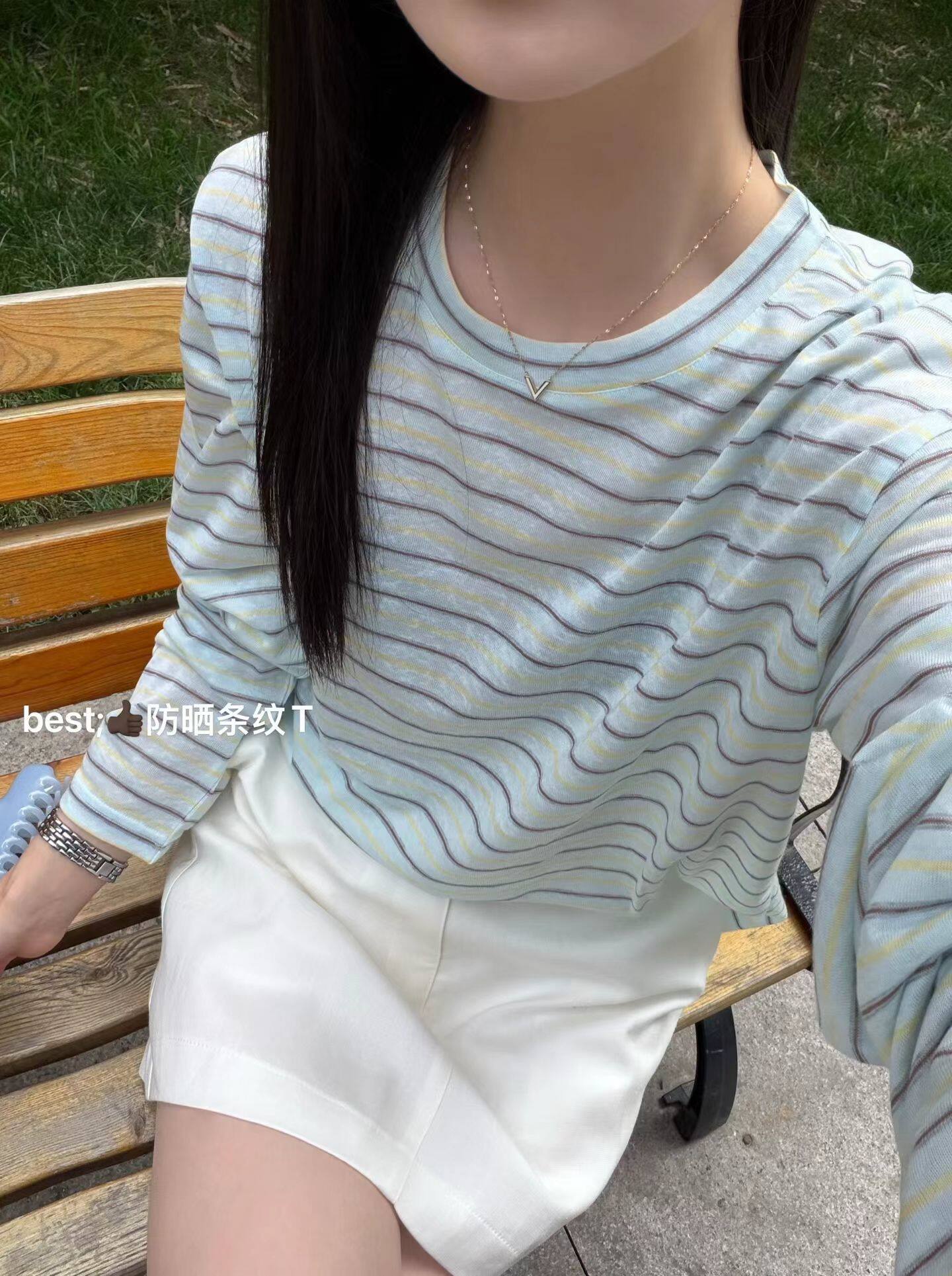 韩国东大门正品女装百搭圆领冰丝蓝条纹长袖T恤宽松显瘦休闲上衣