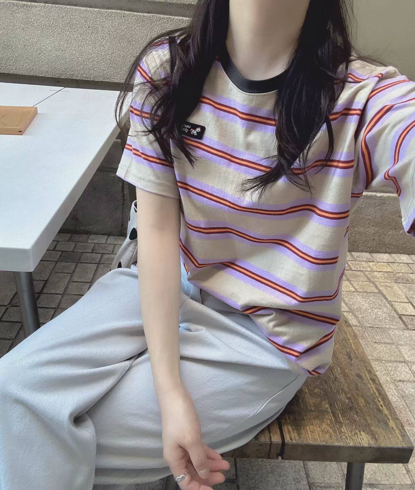 韩国东大门正品女装圆领短袖条纹字母印花T恤宽松显瘦休闲上衣ins