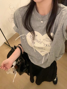 韩国东大门正品 女装 夏季 现 新款 立体蝴蝶结系带爱心图案T恤衫