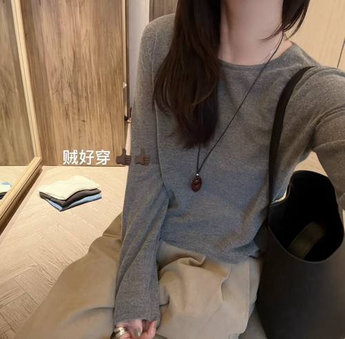 韩国东大门正品女装2025百搭圆领长袖贝壳小标针织衫女毛衣打底衫