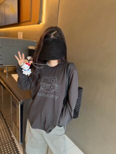 韩国东大门正品女装百搭卡通印花kitty猫长袖T恤宽松显瘦休闲上衣