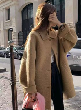 ounce韩国东大门正品百搭翻领宽松纯色高品质苏丽羊驼毛大衣外套