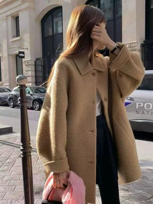 ounce韩国东大门正品百搭翻领宽松纯色高品质苏丽羊驼毛大衣外套