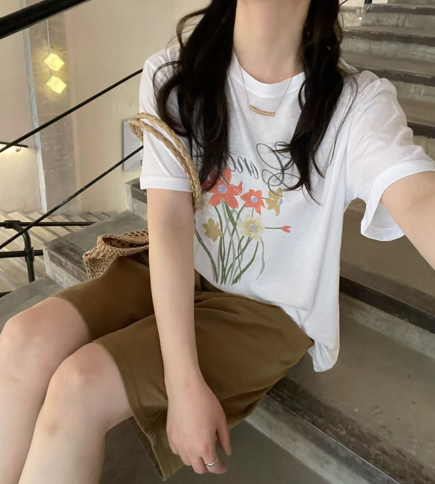 韩国东大门正品女装百搭圆领花朵薄款短袖T恤宽松显瘦ins休闲上衣