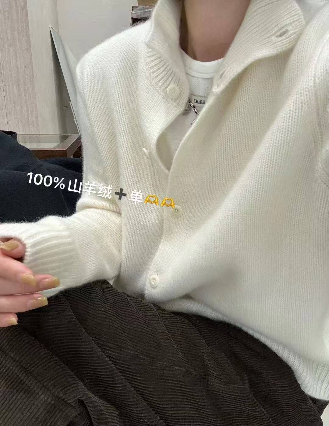 韩国东大门正品女装高品质百分百山羊绒高领螺纹单排扣宽松针织衫