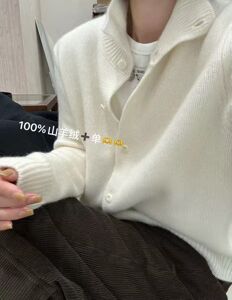 韩国东大门正品女装高品质百分百山羊绒高领螺纹单排扣宽松针织衫