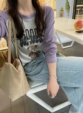 ssen家韩国东大门正品女装2025新款百搭圆领小熊长袖拼色T恤上衣