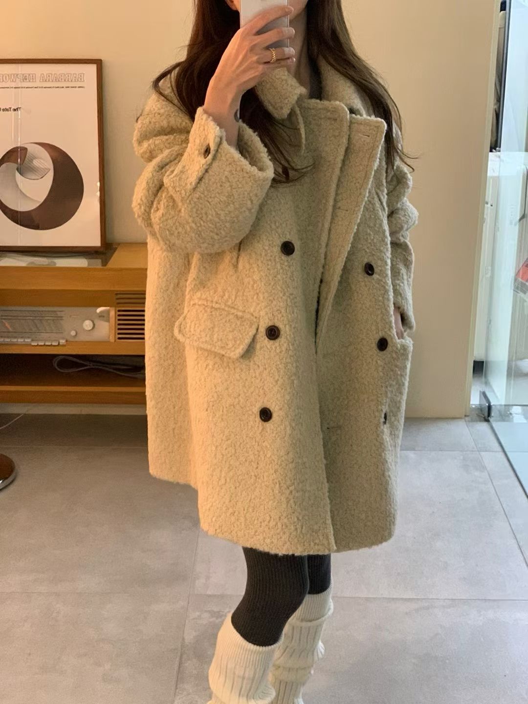 韩国东大门正品女装秋冬高品质翻领双排扣羊驼毛外套加厚保暖chic