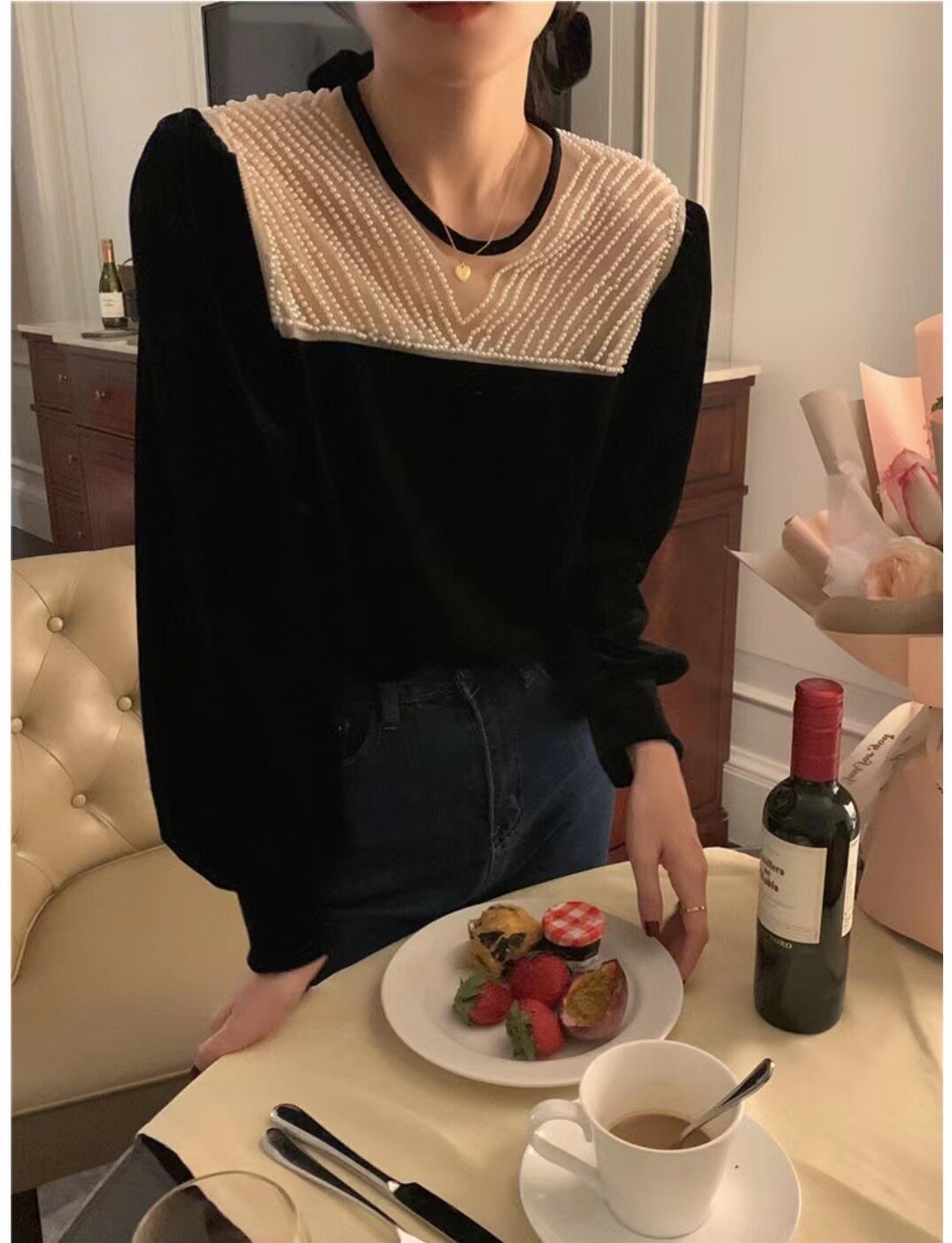 精致手工珍珠复古氛围感衬衫