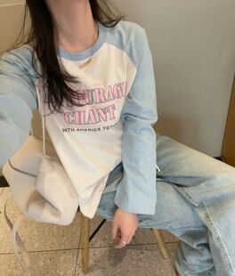 韩国东大门正品女装2026春夏高品质圆领拼色插肩长袖字母T恤百搭