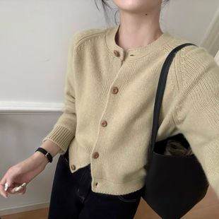 针织开衫 2025新百搭圆领单排木扣长袖 休闲上衣 装 韩国东大门正品