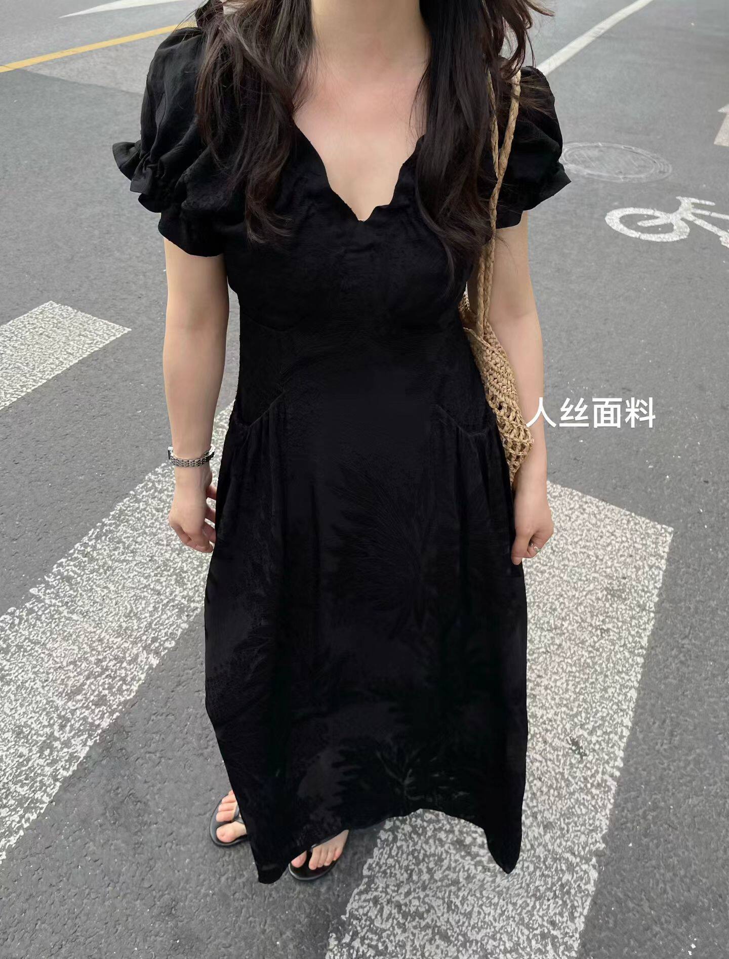 韩国东大门正品女装百搭V领短袖连衣裙宽松显瘦休闲长裙ins法式