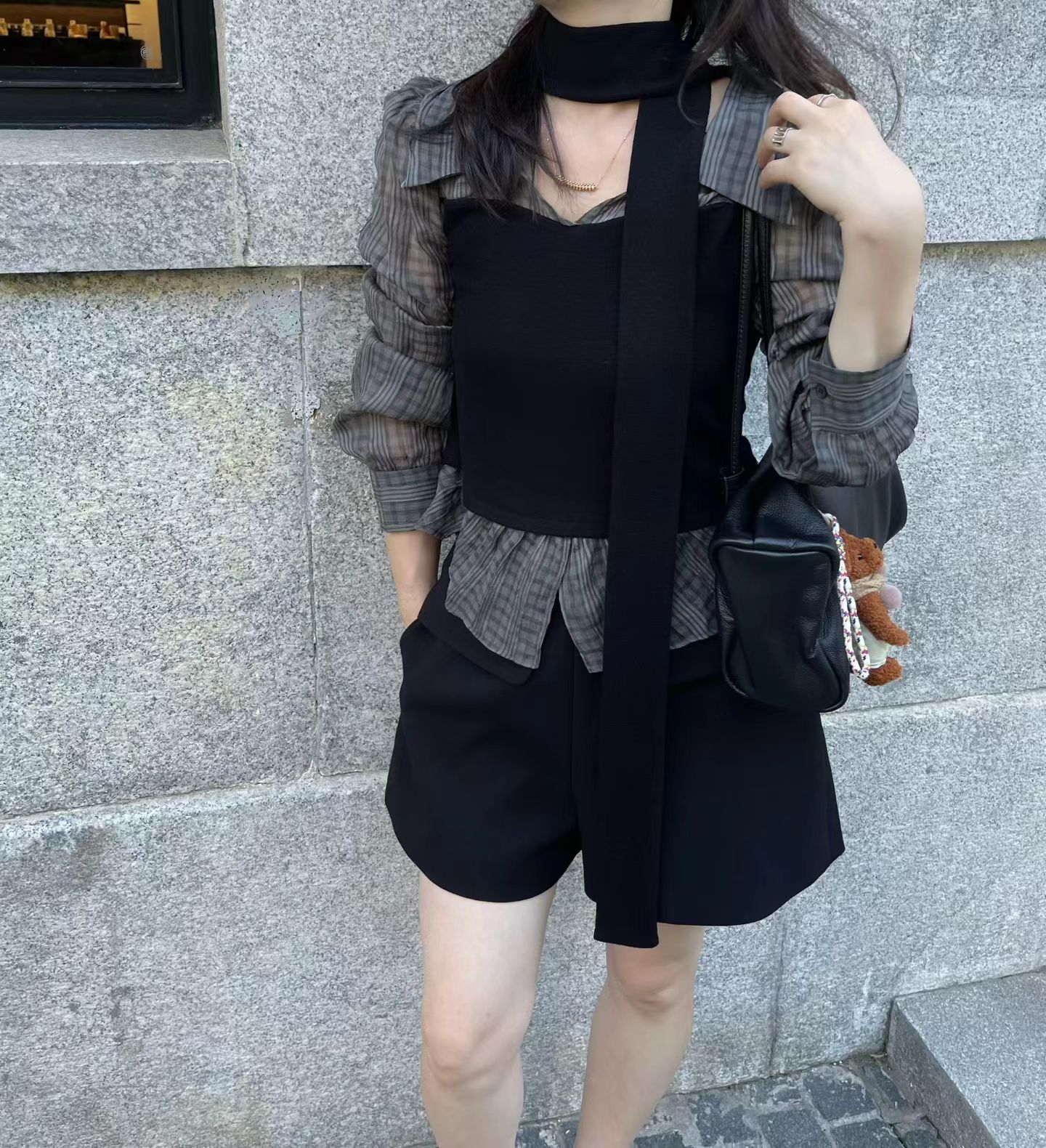 韩国东大门正品女装 2026秋季新款拼接假两件抹胸衬衫系带chic