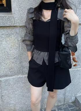 韩国东大门女装 2026秋季新款拼接假两件抹胸衬衫系带chic
