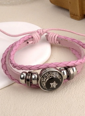 夜光日月恋人时光宝石手链男女通用复古手工多层串珠编织皮革手链