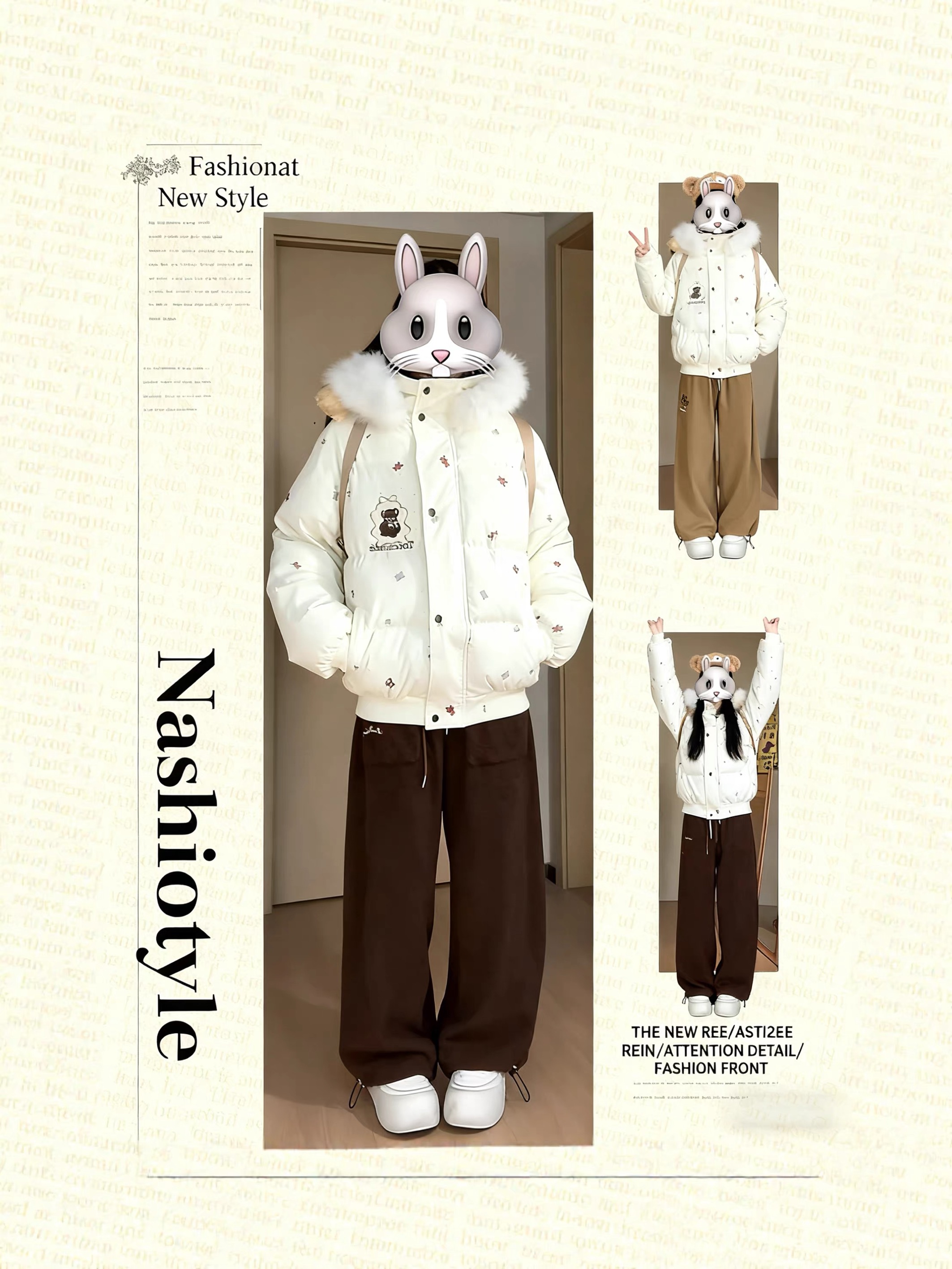 CPDD原创可爱卡通波点面包服挂饰小熊满印新款毛领连帽棉服冬外套