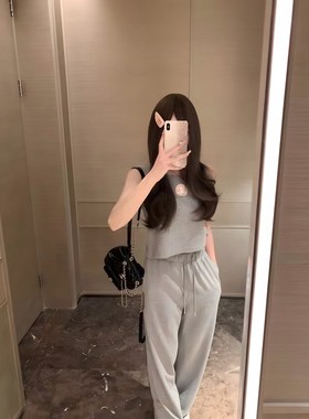 MJAMILA  小香休闲中古刺绣运动背心+抽绳高腰卫裤两件套显瘦纯色