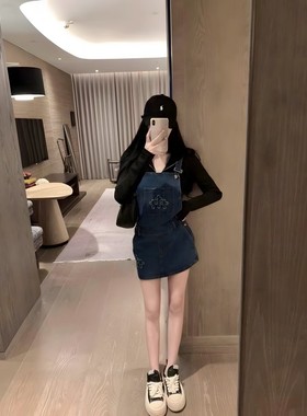 MJAMILA  24春夏新款百搭修身显瘦a字休闲运动十字架牛仔背带短裙