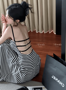 MJAMILA 24夏季新款吊带长款连衣裙性感露背修身洋气度假条纹休闲