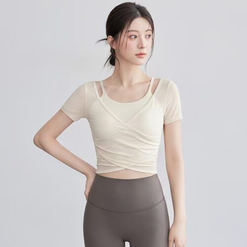 网纱瑜伽服套装女2026新款运动上衣女长袖罩衫普拉提训练健身短袖
