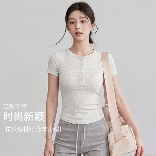 夏季新款正肩亨利v领短袖女普拉提健身纽扣运动打底衫瑜伽服批发