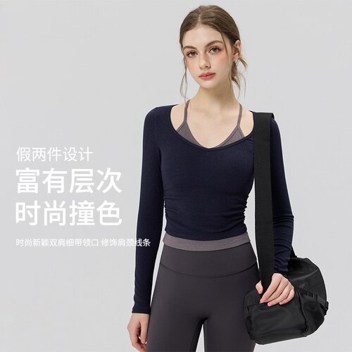 新款瑜伽服女假两件长袖高级感跑步普拉提上衣运动背心健身套装女