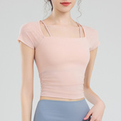 超好看瑜伽服女带胸垫粉色普拉提训练跑步运动上衣网纱健身服短袖